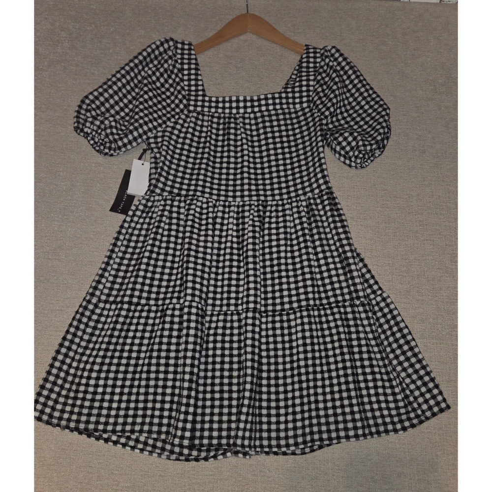 Black Tape Gingham Babydoll Mini Dress NWT XS Puff Sleeve Button Front - Picture 6 of 7